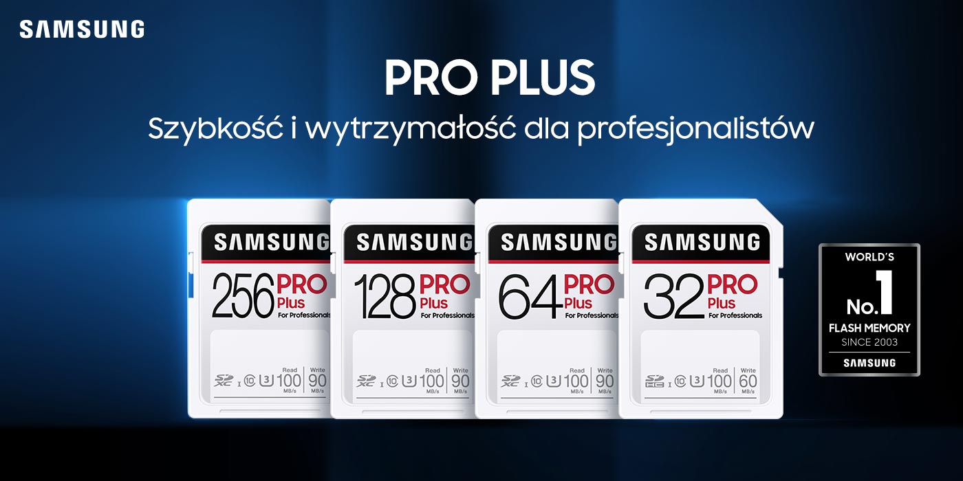 4 wersje pojemnościowe karty SD PRO Plus na granatowym tle i oznaczenie pierwszego miejsca w branży