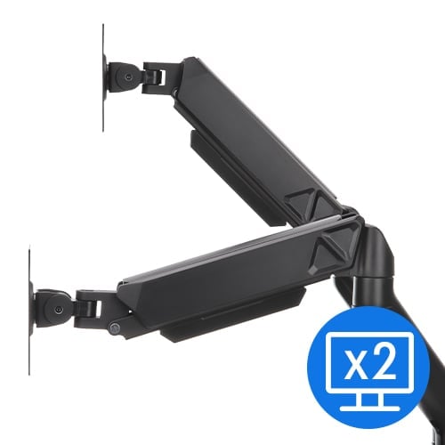 Nosilec za monitor SENSE7 HANG DOUBLE, ki prikazuje urejeno delovno mizo z dvema monitorjema